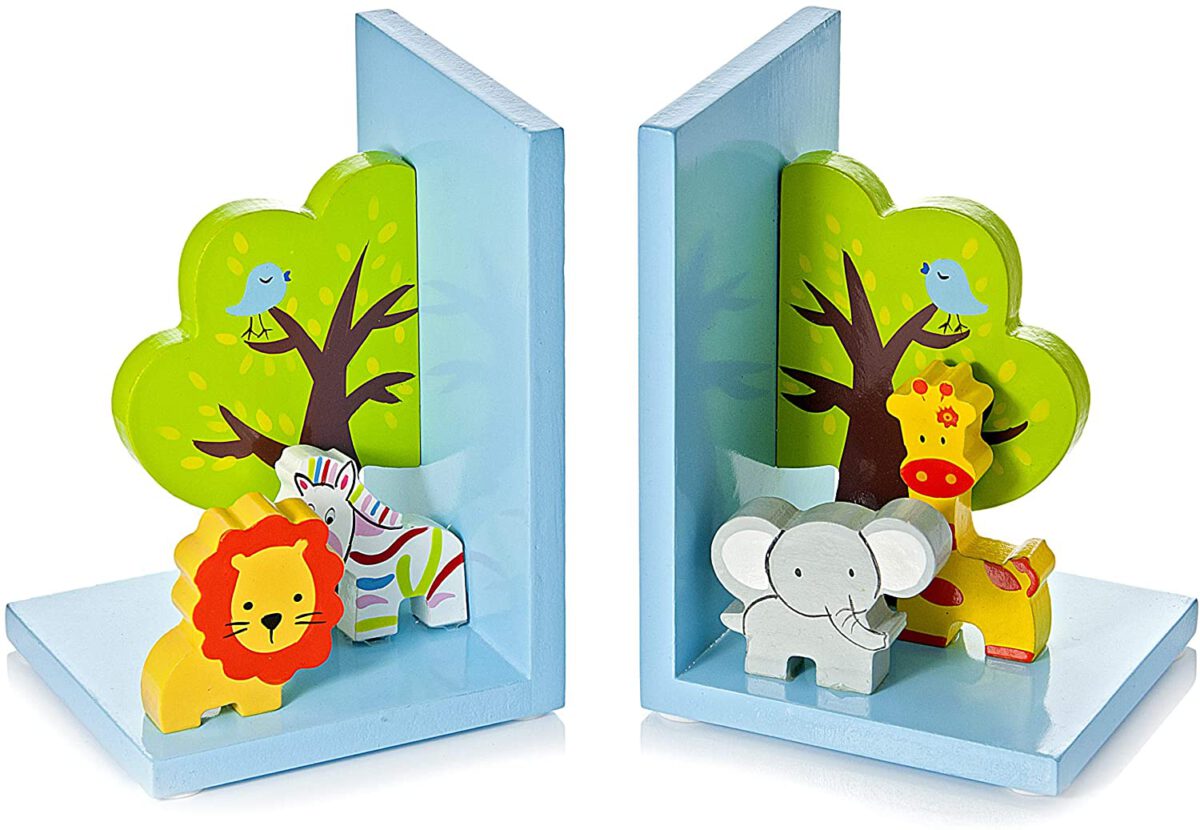 Wooden 3D Safari Themed Children’s Animal Bookends for Boys or Girls Nursery or Bedroom