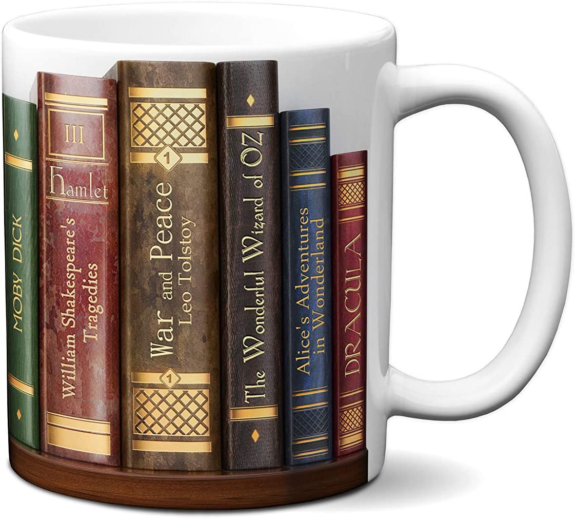 Bookshelf Literary Mug. Coffee Mug with the famous books’ titles