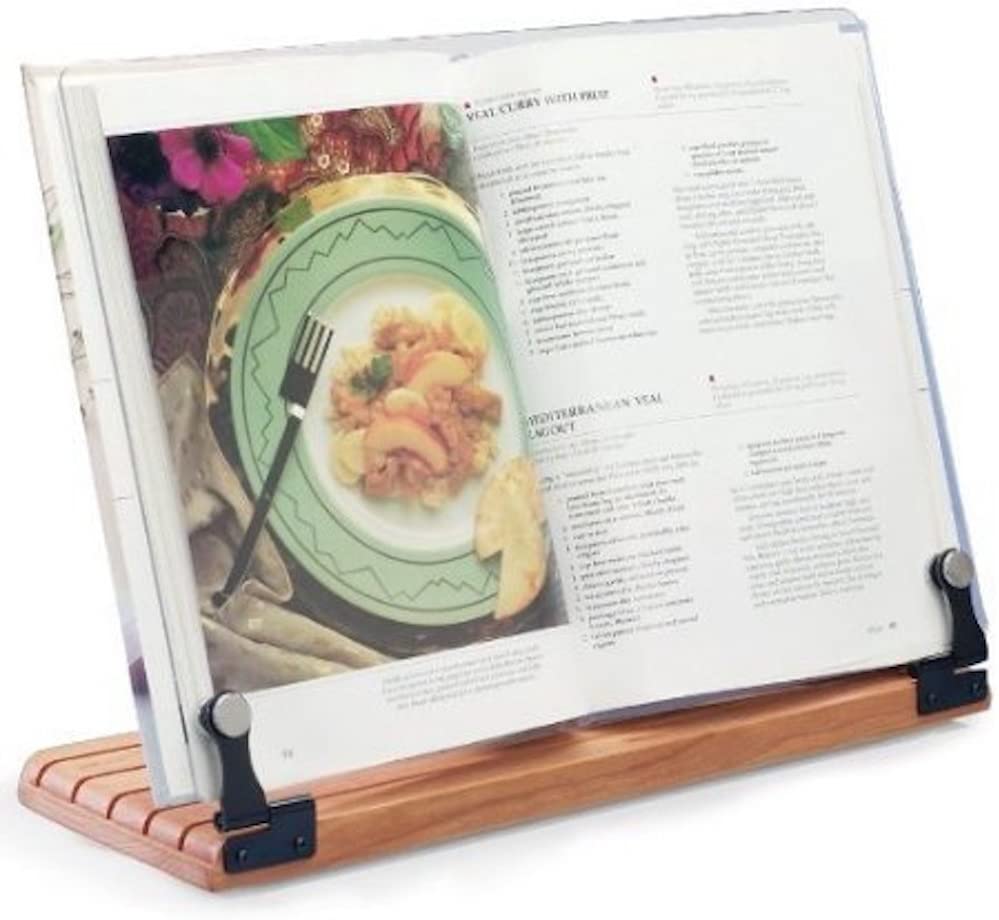 Deluxe Large Cookbook Holder – Acrylic Shield With Cherry Wood Base – Made in the USA