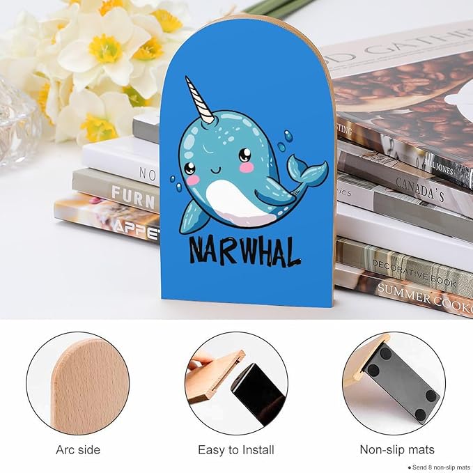 Blue Narwhal Book Ends Wood Bookends Book Holder Book Stand Bookshelf Book Stopper for Shelves