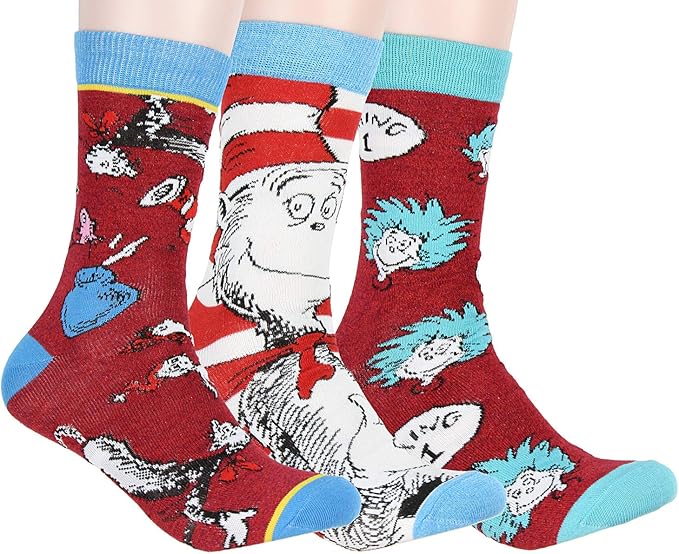 Dr. Seuss Socks Adult Cat In The Hat Thing 1 Thing 2 Character Design 3 Pack Mid-Calf Crew Socks