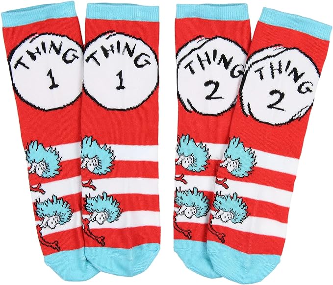 Dr. Seuss Socks Kids Cat In The Hat Thing 1 Thing 2 Pack Crew Socks For Boys or Girls