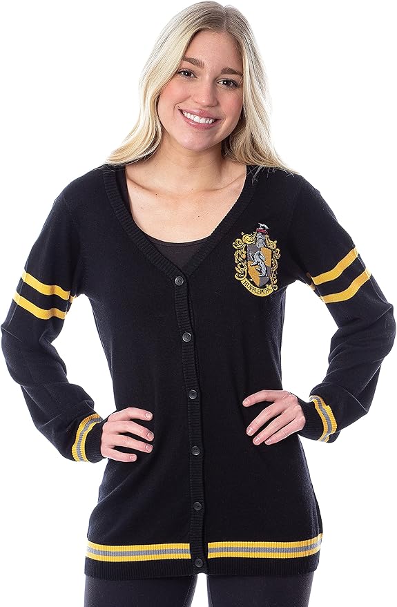 Harry Potter Womens Hufflepuff House Open Front Cardigan Juniors Knit Sweater