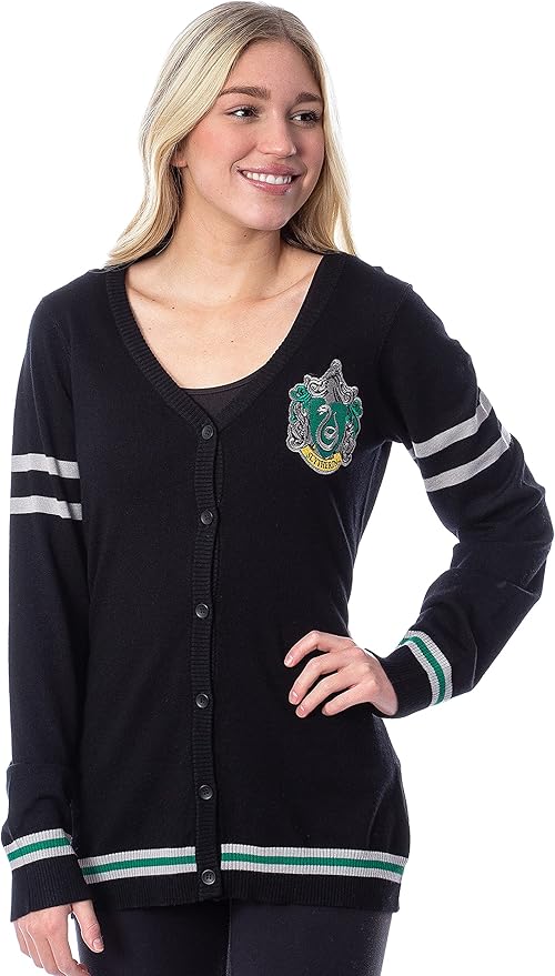 Harry Potter Womens' Slytherin House Crest Open Front Cardigan Juniors Knit Sweater