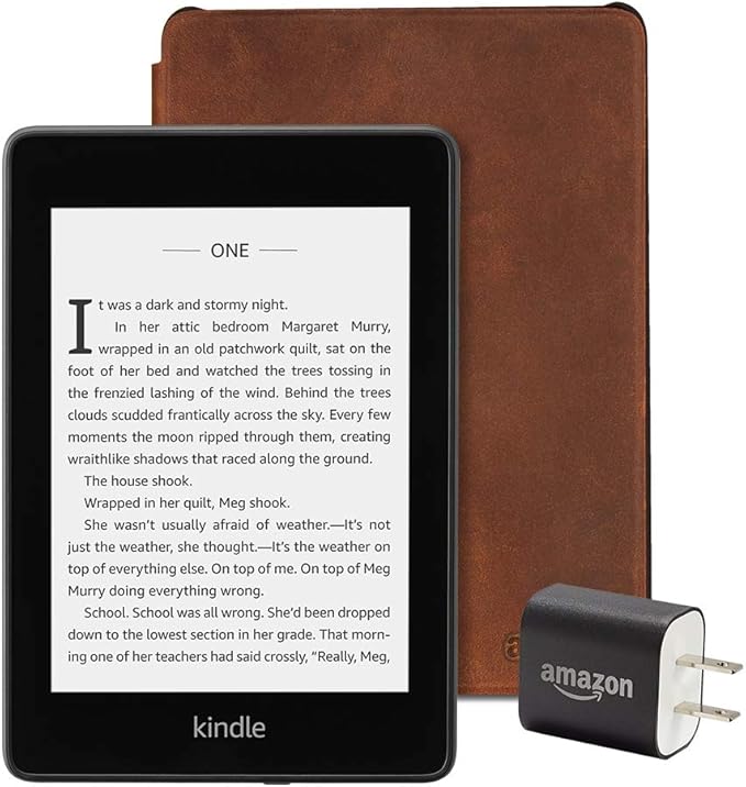 Kindle Paperwhite Essentials Bundle including Kindle Paperwhite – Wifi, Ad-Supported, Amazon Leather Cover, and Power Adapter