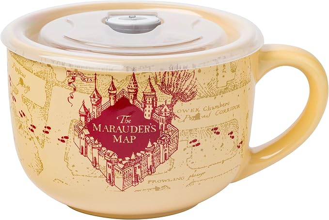 Silver Buffalo Harry Potter Marauder’s Map Mischief Managed Ceramic Soup Mug with Vented Plastic Lid