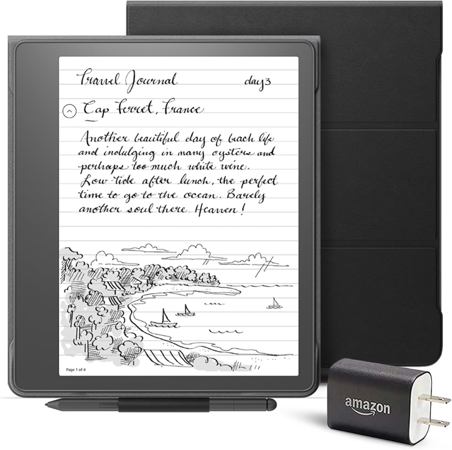 Kindle Scribe Essentials Bundle including Kindle Scribe (32 GB), Premium Pen, Leather Folio Cover with Magnetic Attach – Black, and Power Adapter